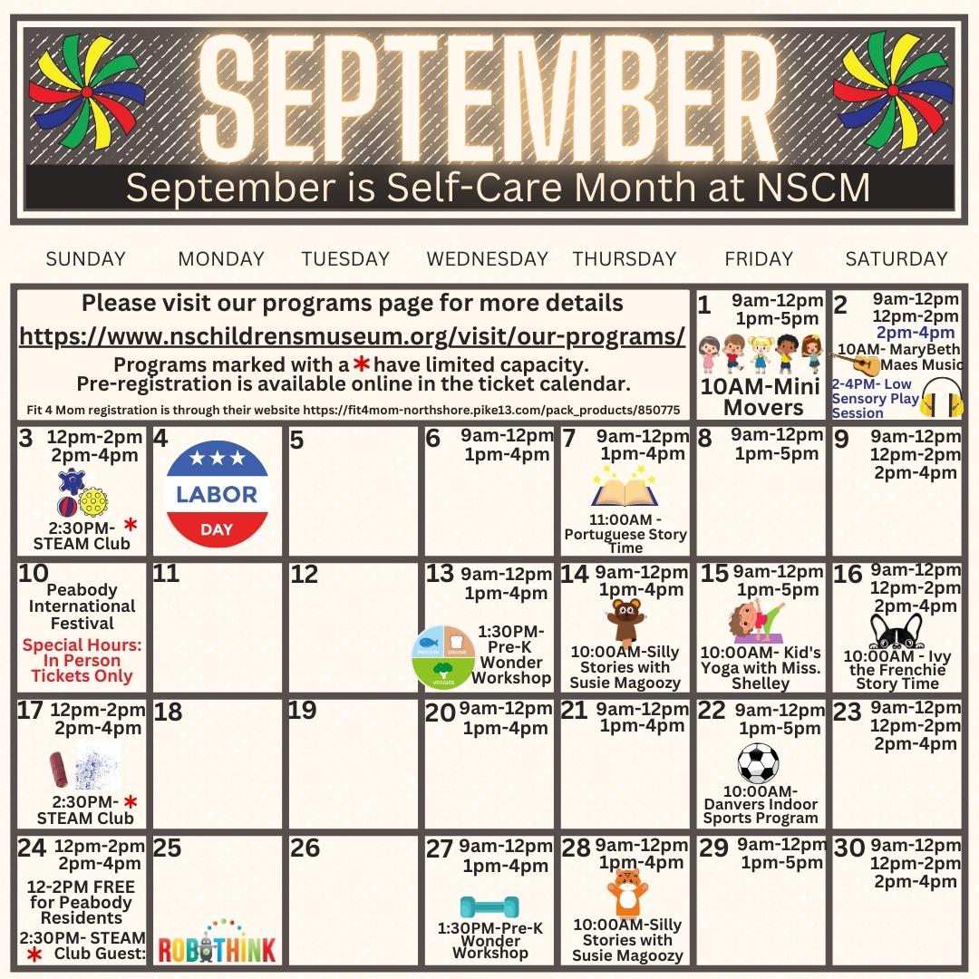 September 2023 Calendar for Newsletter 9.2.23 Calendar of all events at North Shore Children's Museum Updated on September 2nd, 2023