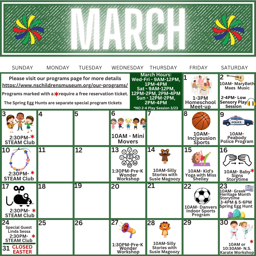February 2024 Calendar for North Shore Children's Museum