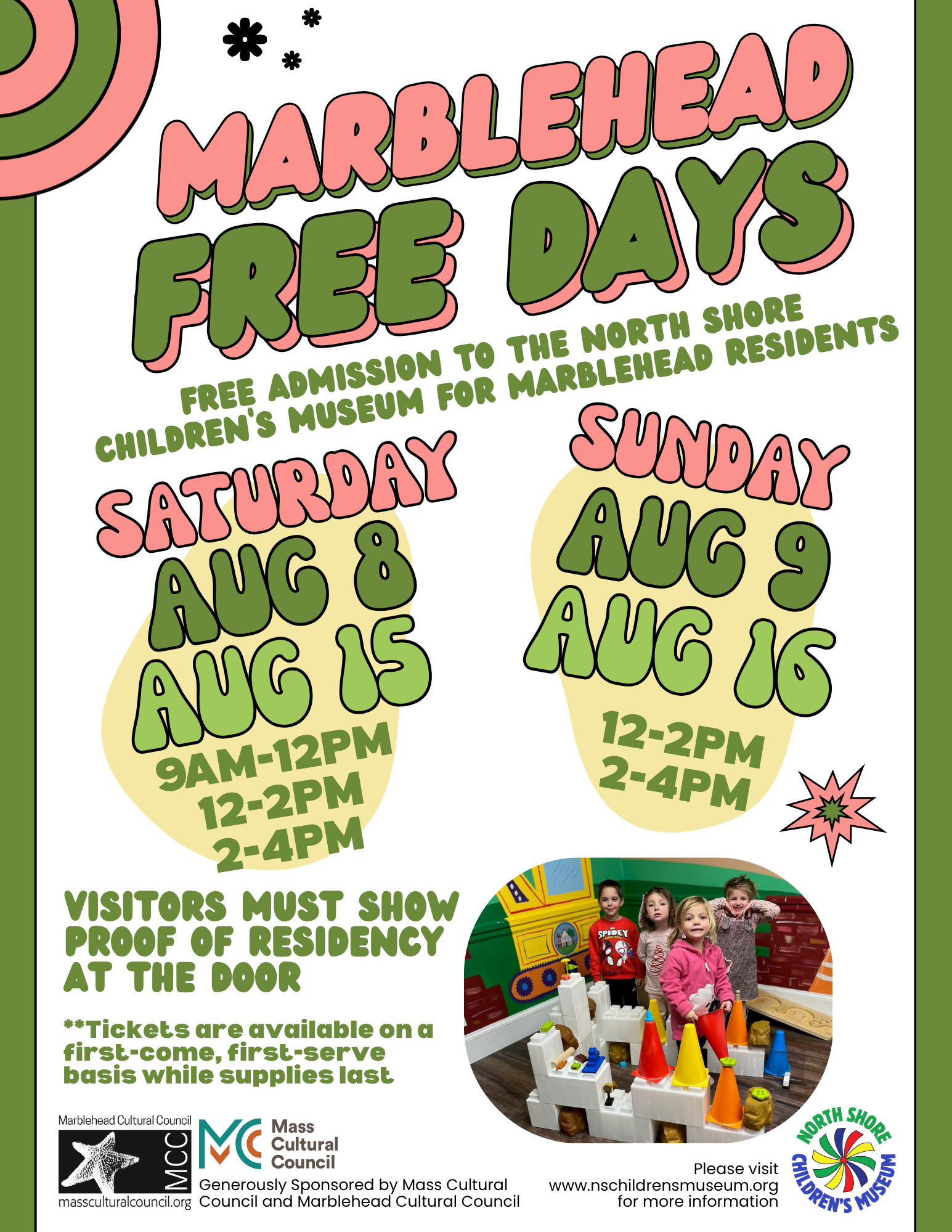 Hamilton-Wenham Free Days! Free Admission to the North Shore Children's Museum for Hamilton and Wenham Residents. Saturday, June 13: 9AM-12PM, 12-2PM, 2-4PM. Sunday, June 14: 12-2PM, 2-4PM. Visitors must show proof of residency at the door. Tickets are available online and in person on a first-come, first-serve basis while suppliers last.
