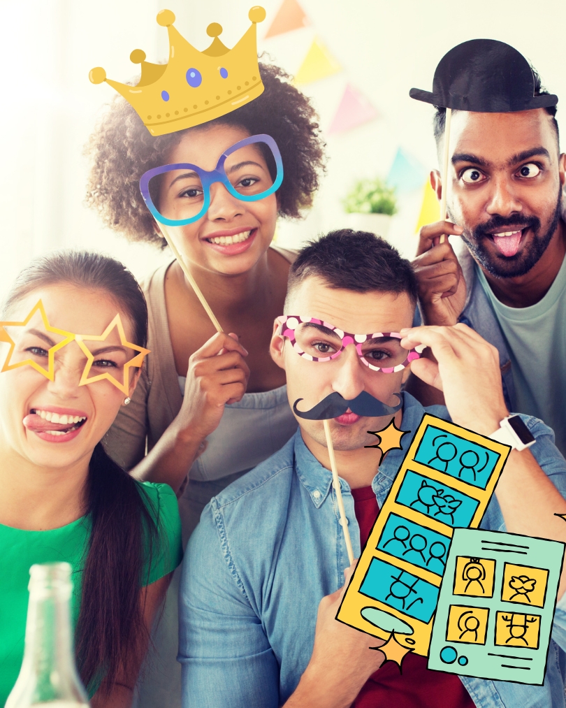 Image of group of people wearing photobooth props