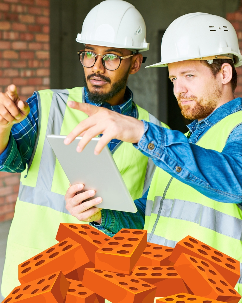 two men wearing construction vests and hats with a grapic of a pile of bricks