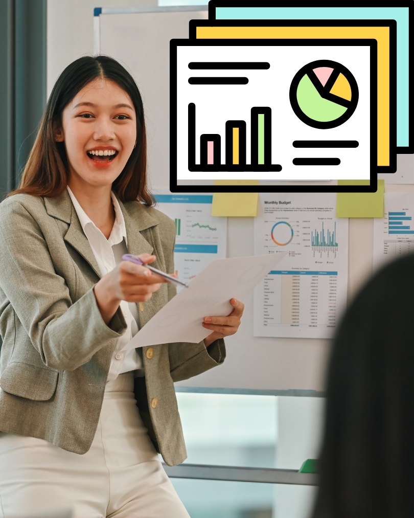 Lady giving a work presentation with a graphic of a slide deck