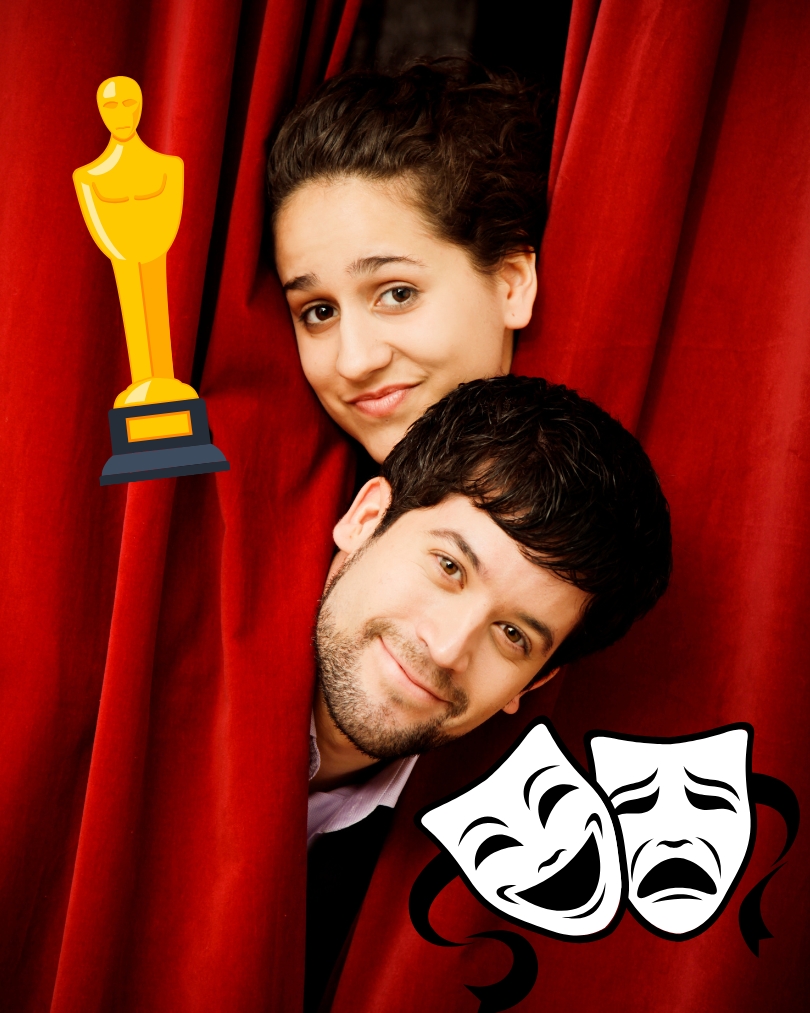 two actors peeking through a curtain with graphics of Scene marker and Oscar statue