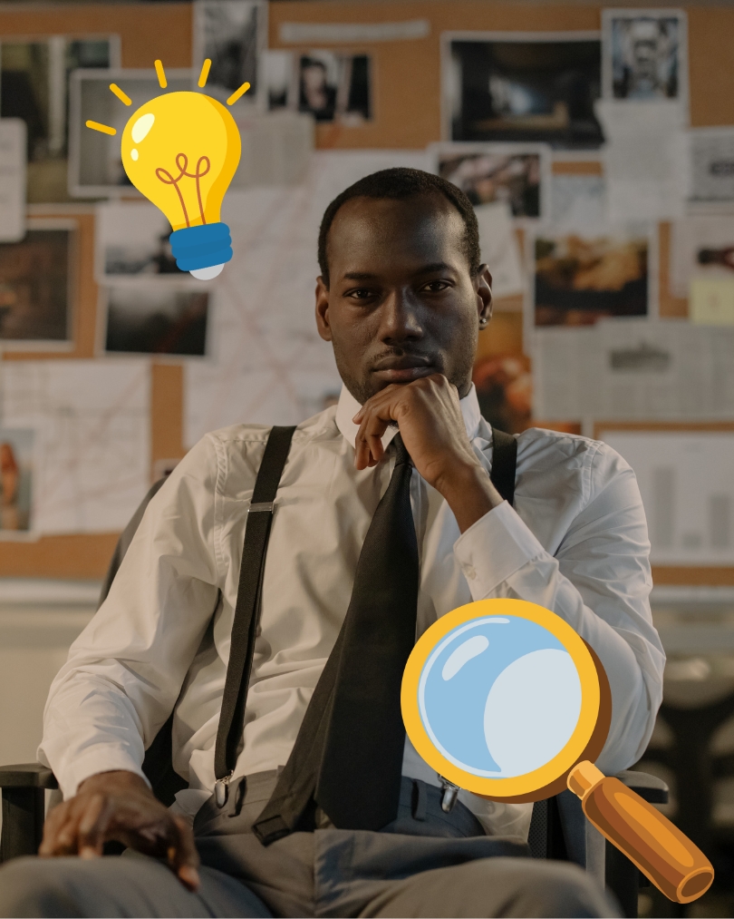 Detective thinking with graphic of magnifying glass and lightbulb