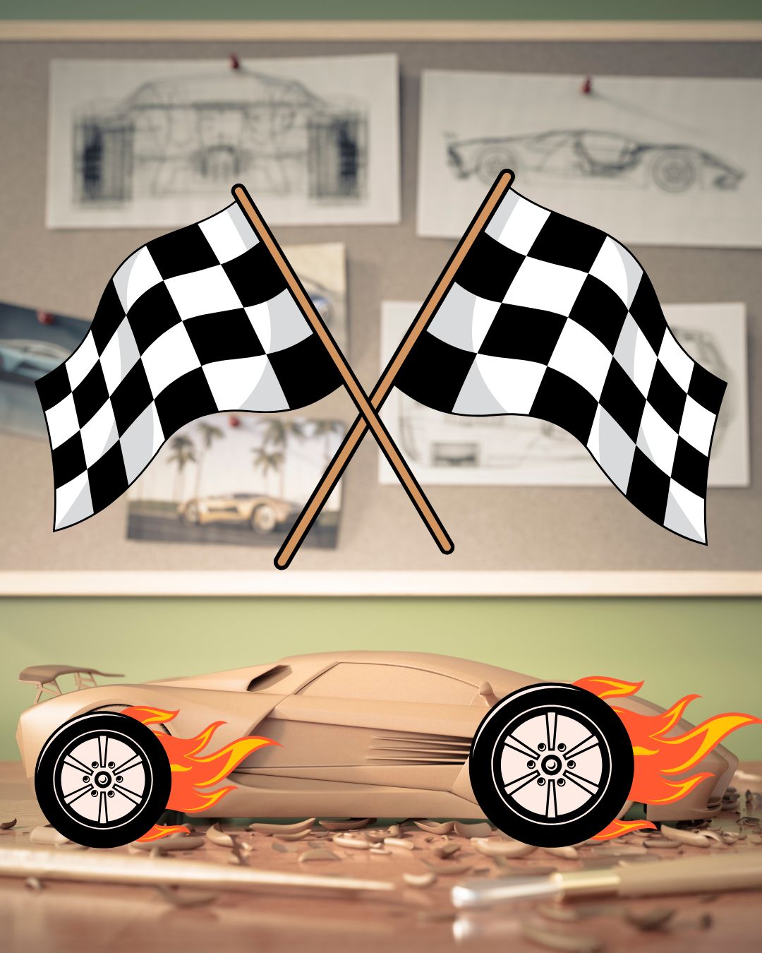Image of a race car model with racing flags and flaming tires graphics