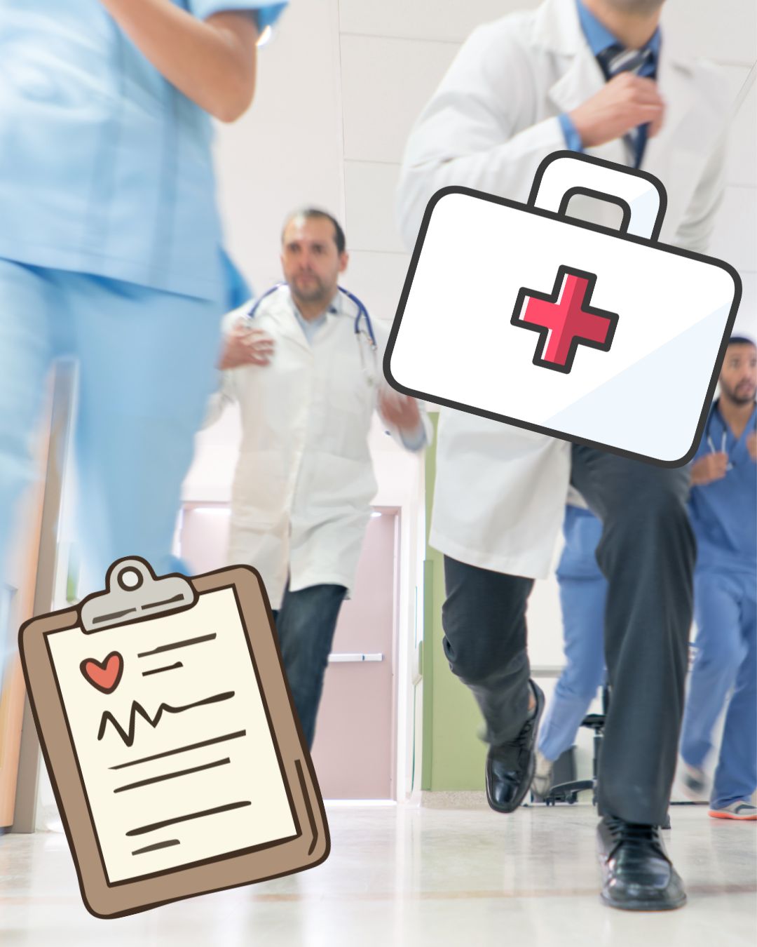 Image of emergency room staff running with graphics of a medical chart and a First Aid kit