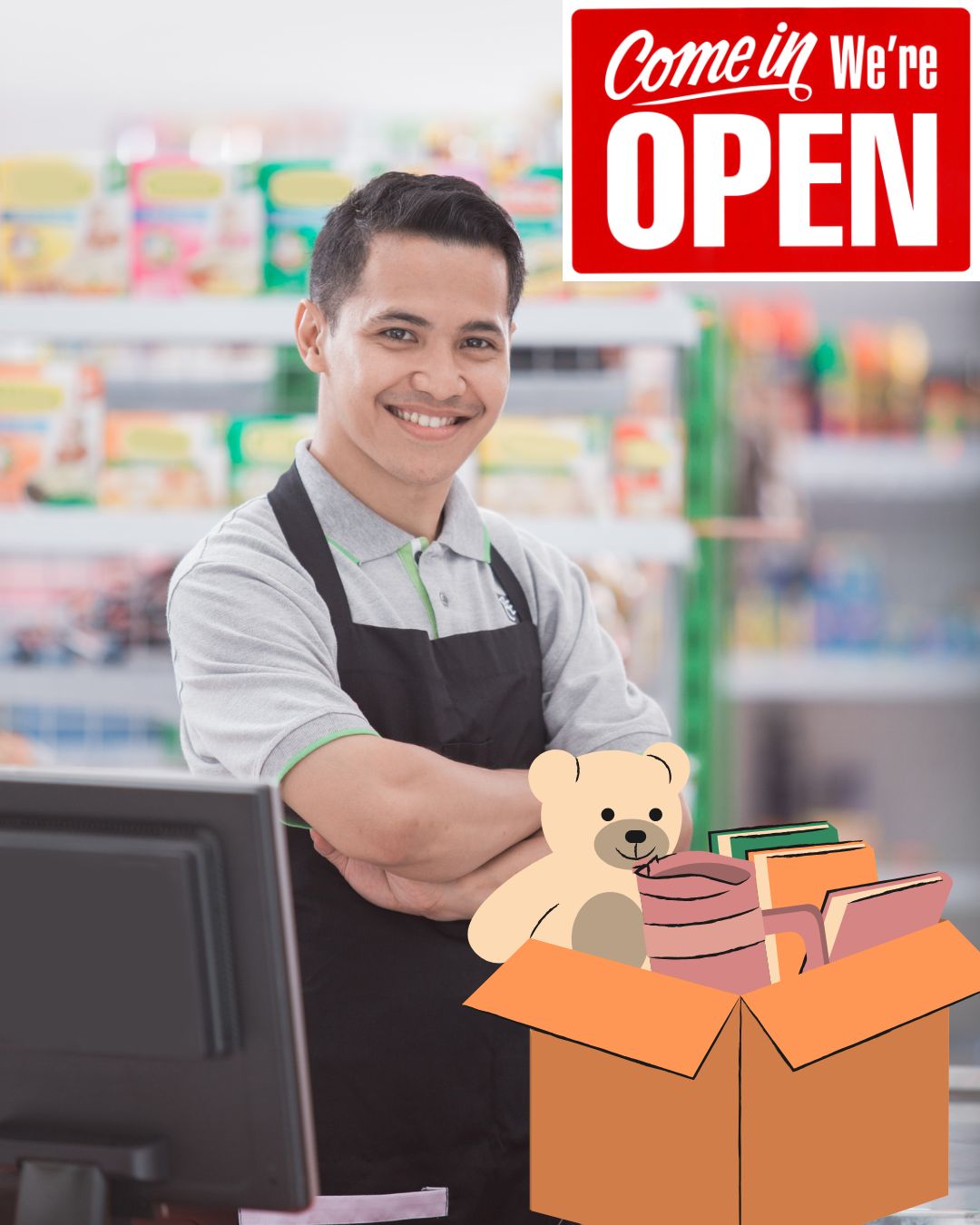 Grocer wearing an apron with crossed arms and a Open sign and Box of goods graphic
